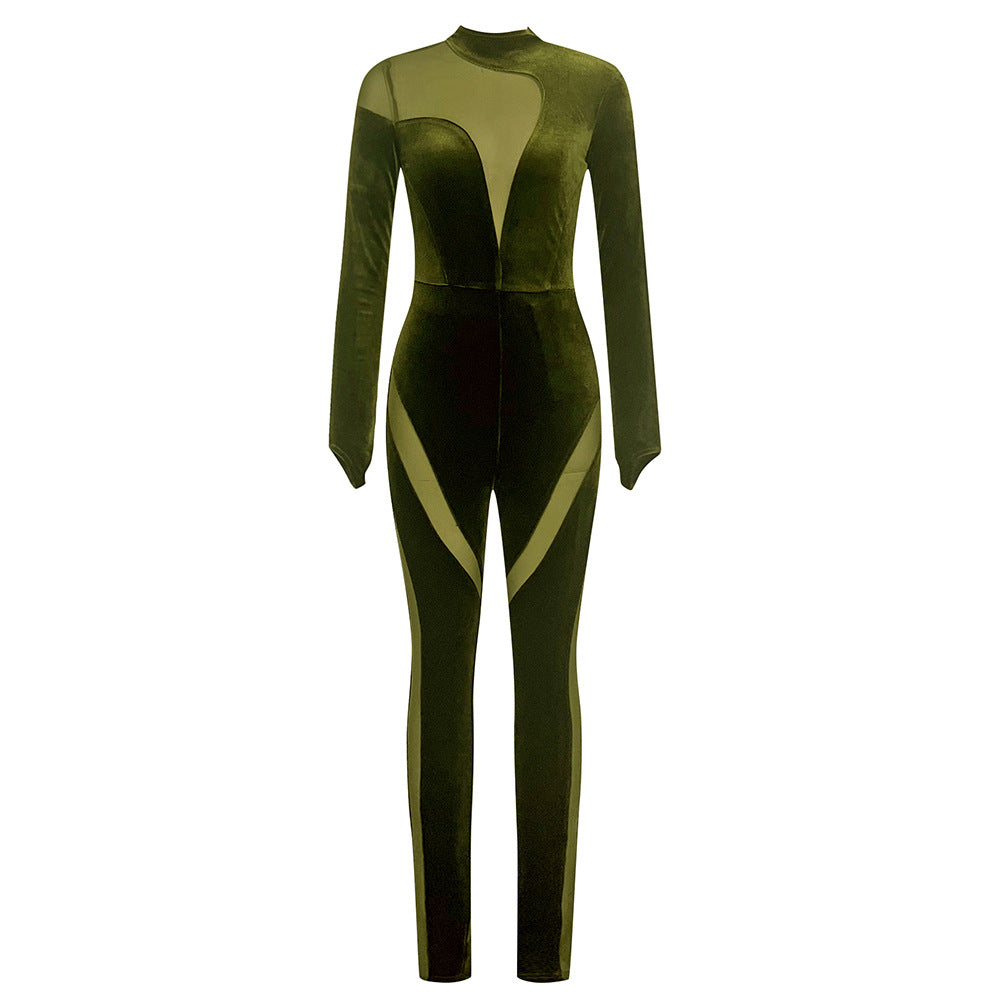 Mesh Stitching Velvet Tight Jumpsuit