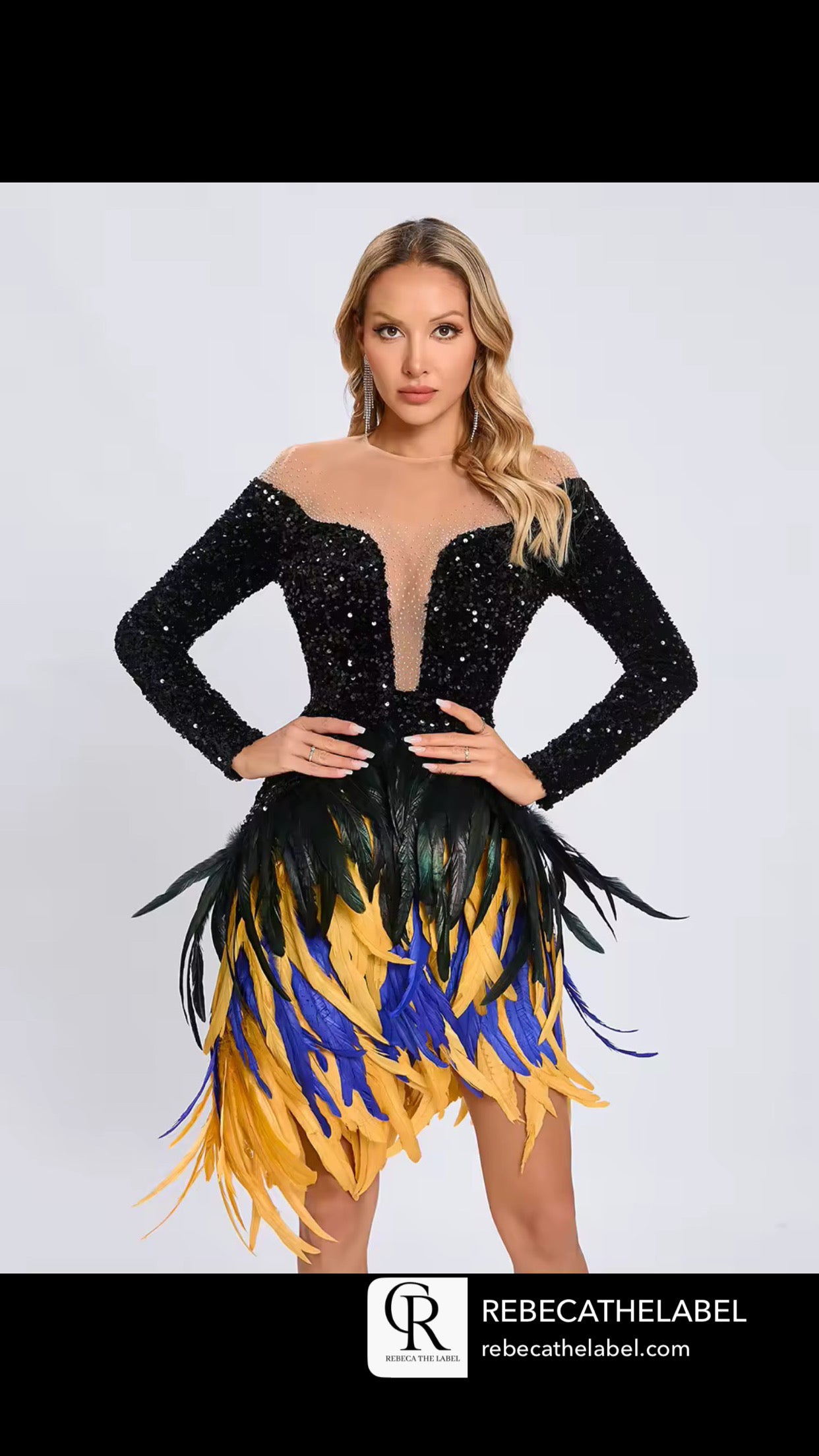 Feathers Sequin Strapless Mesh Long Sleeves Bodycon Mini Dress