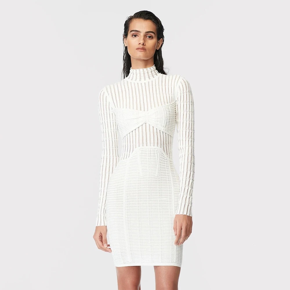 Patchwork Mesh Tight Long Sleeve Mini Bandage Dress