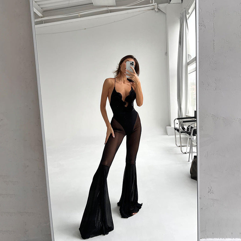 Mesh Stitching See Through Design Horn Jumpsuit