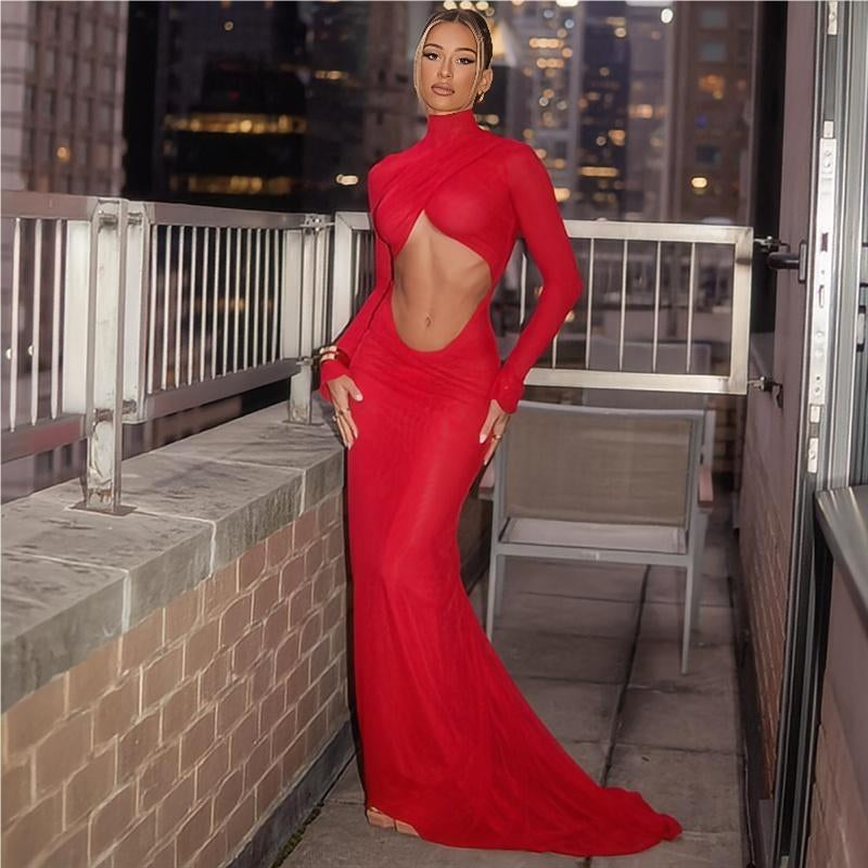 Backless High Waist Long Sleeve Narrow Dress