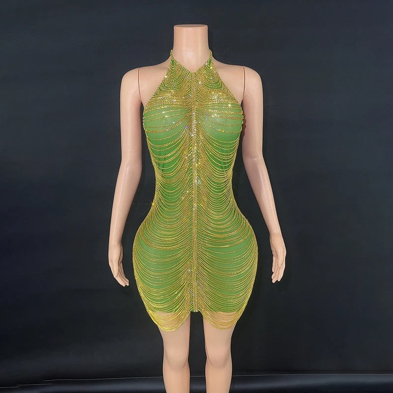 Halterneck Diamond Chain Mesh Mini Dress In Green