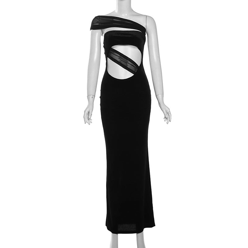 Stitching Oblique Shoulder Tube Top Backless Sexy Slim Fit Dress