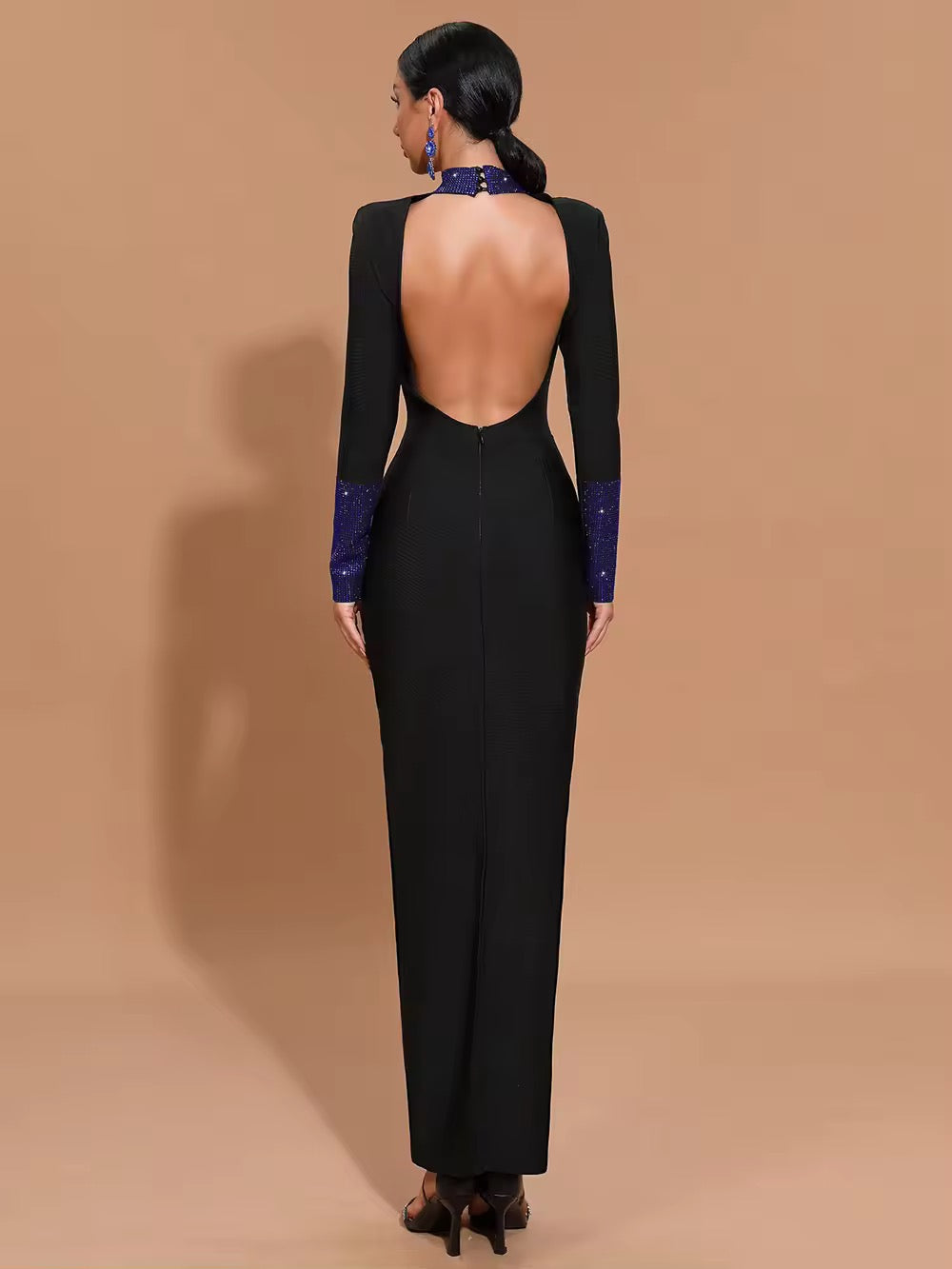 Black Turtleneck Bodycon Rhinestone Backless Long Sleeve Bandage Maxi Dress