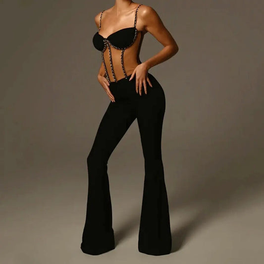 Black Mesh Spliced Chain Sexy Backless Sleeveless jumpsuit