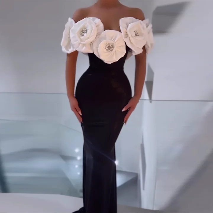 Off Shoulder 3D Flower Design Tight Long Bandage Dress