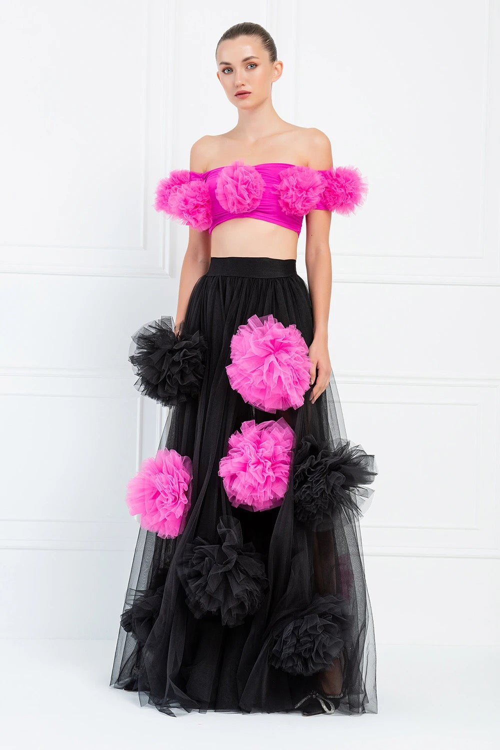 Black Tassel Mesh 3D Flower Sexy Hundred Fold Long Skirt