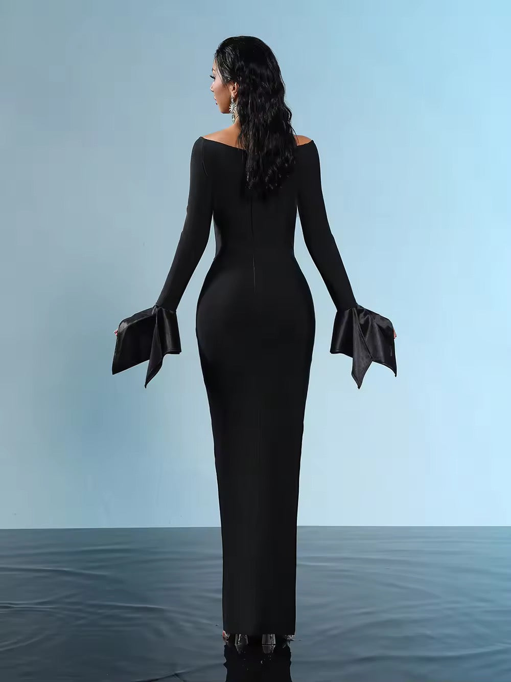 Patchwork Long Sleeves Round Neck Balck Bandage Maxi dress