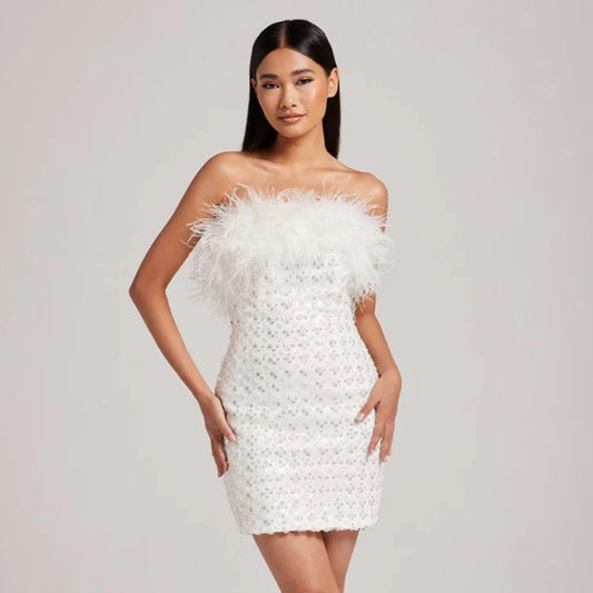 White Strapless Feather Sequins Tight Fit Mini Dress