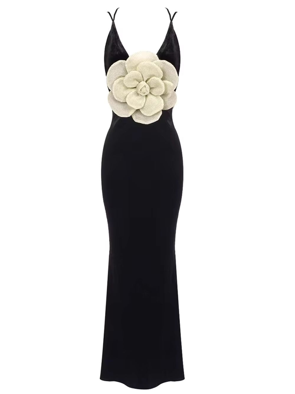 Neck 3D Flowers Backless Design Black Velvet Maxi Long dress