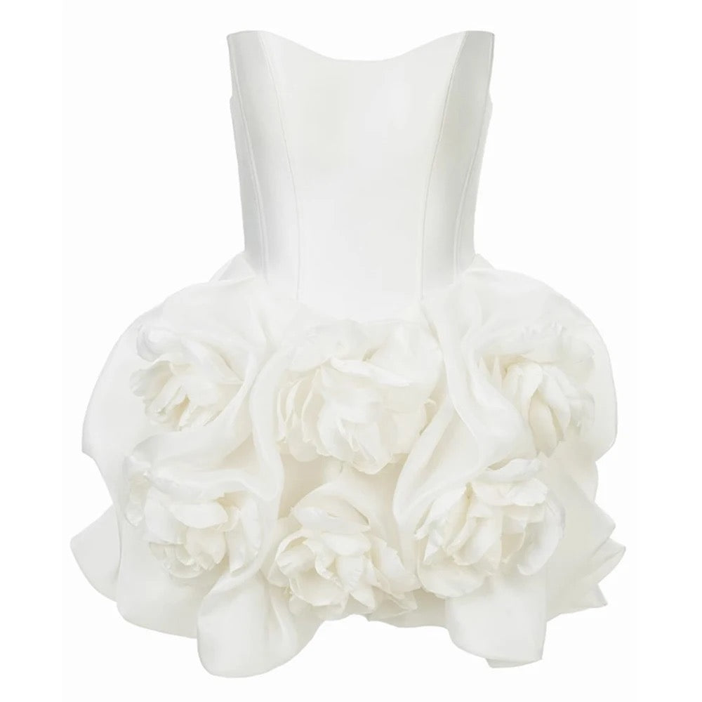 White Sexy Strapless 3D Flower Tight Mini Dress