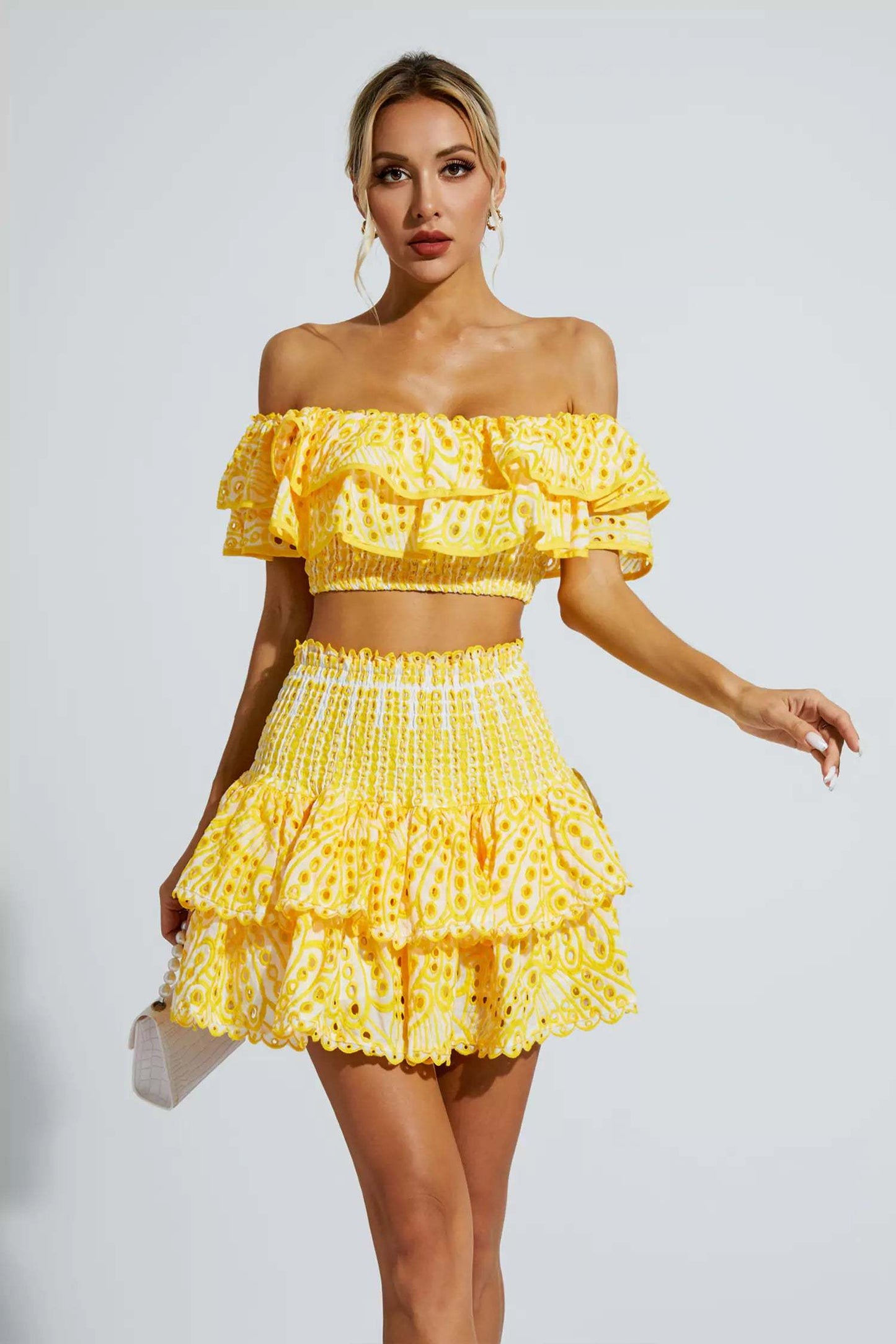 Yellow Floral Ruffle Off-Shoulder Set