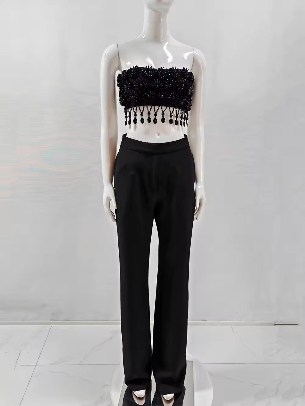 Black Bead Tassel Two Piece Pants Set