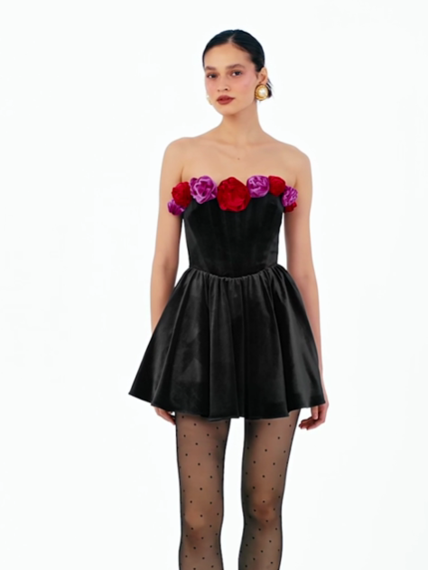 Shoulder Less Backless Black 3D Floral Velvet Mini Dress