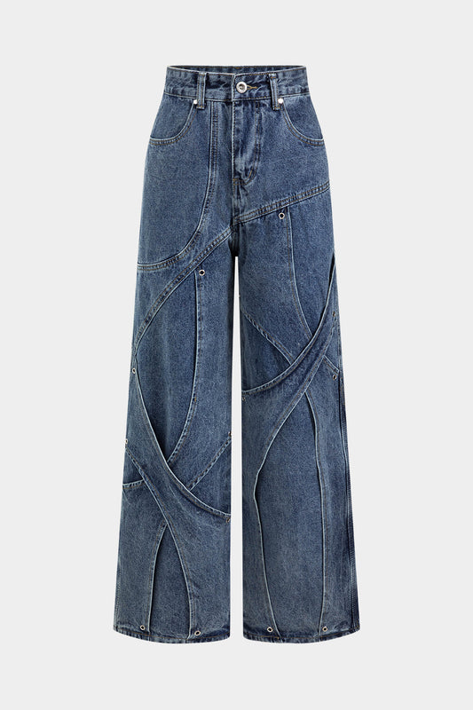 Denim Button Pocket Crossed Patchwork Straight Leg Jeans