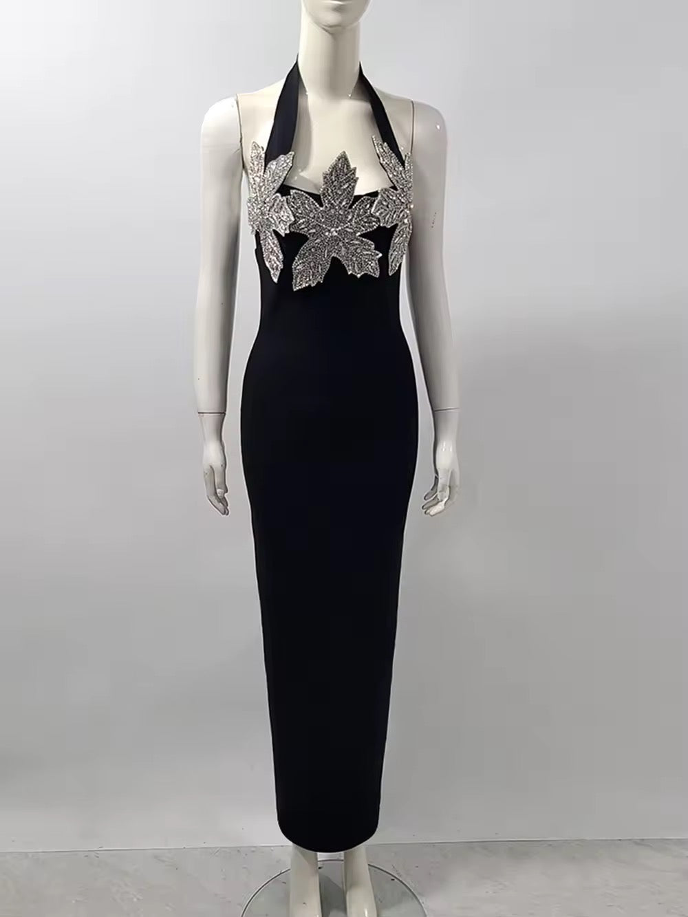 Diamond Flower Splicing Halter Tight Maxi Bandage Dress