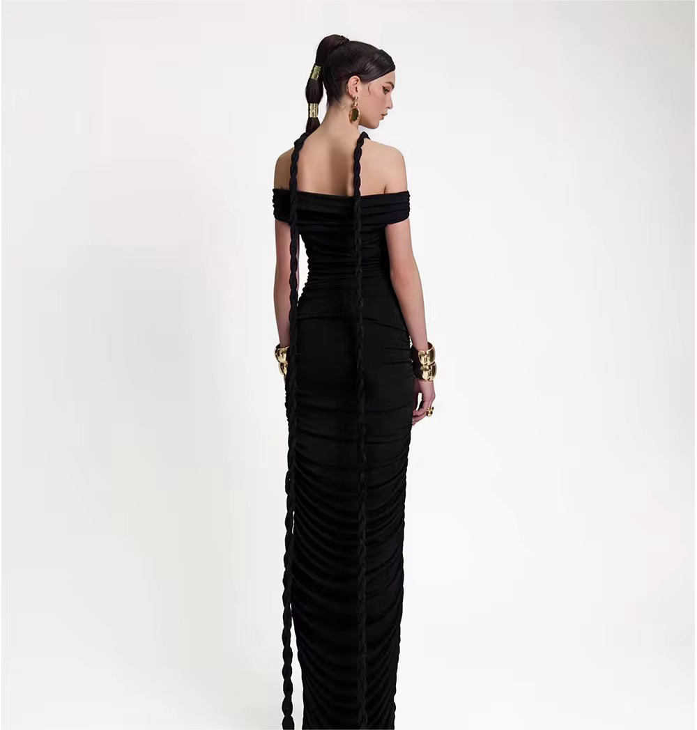 Slash Neck Braided Folds High Waist Elastic Maxi Dress