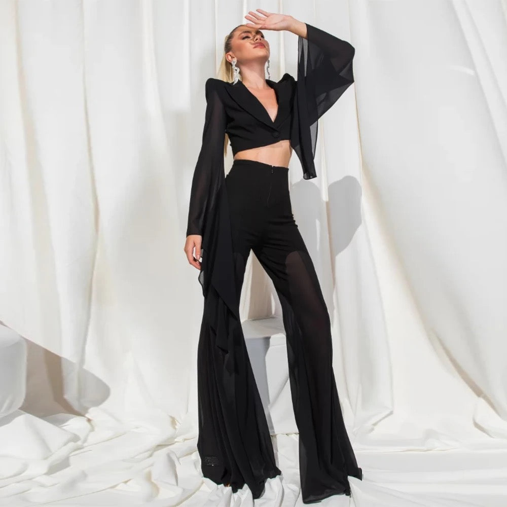 Ruffle Edge Flare Sleeves Short Top Flare Pants Suit