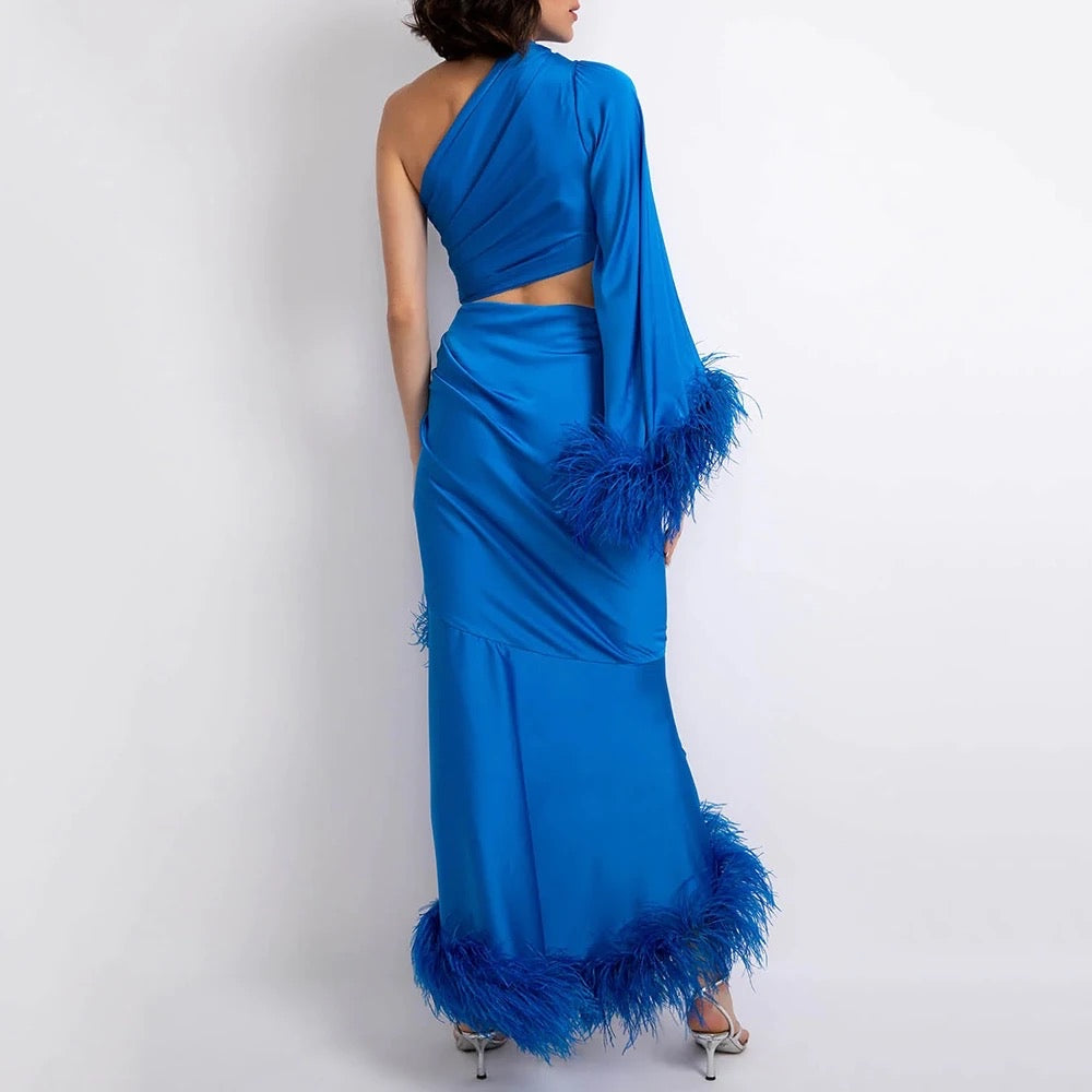 Feather Edge Sexy One Shoulder Hollow Pleated Long Dress REBECATHELABEL