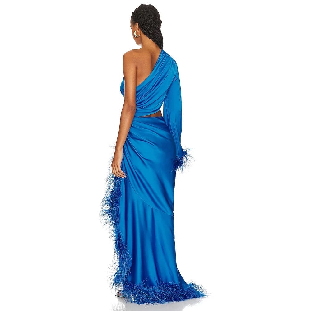 Feather Edge Sexy One Shoulder Hollow Pleated Long Dress REBECATHELABEL