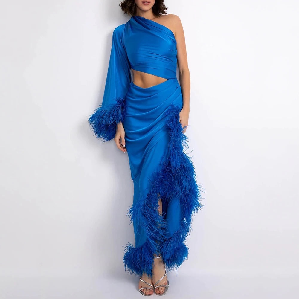 Feather Edge Sexy One Shoulder Hollow Pleated Long Dress REBECATHELABEL