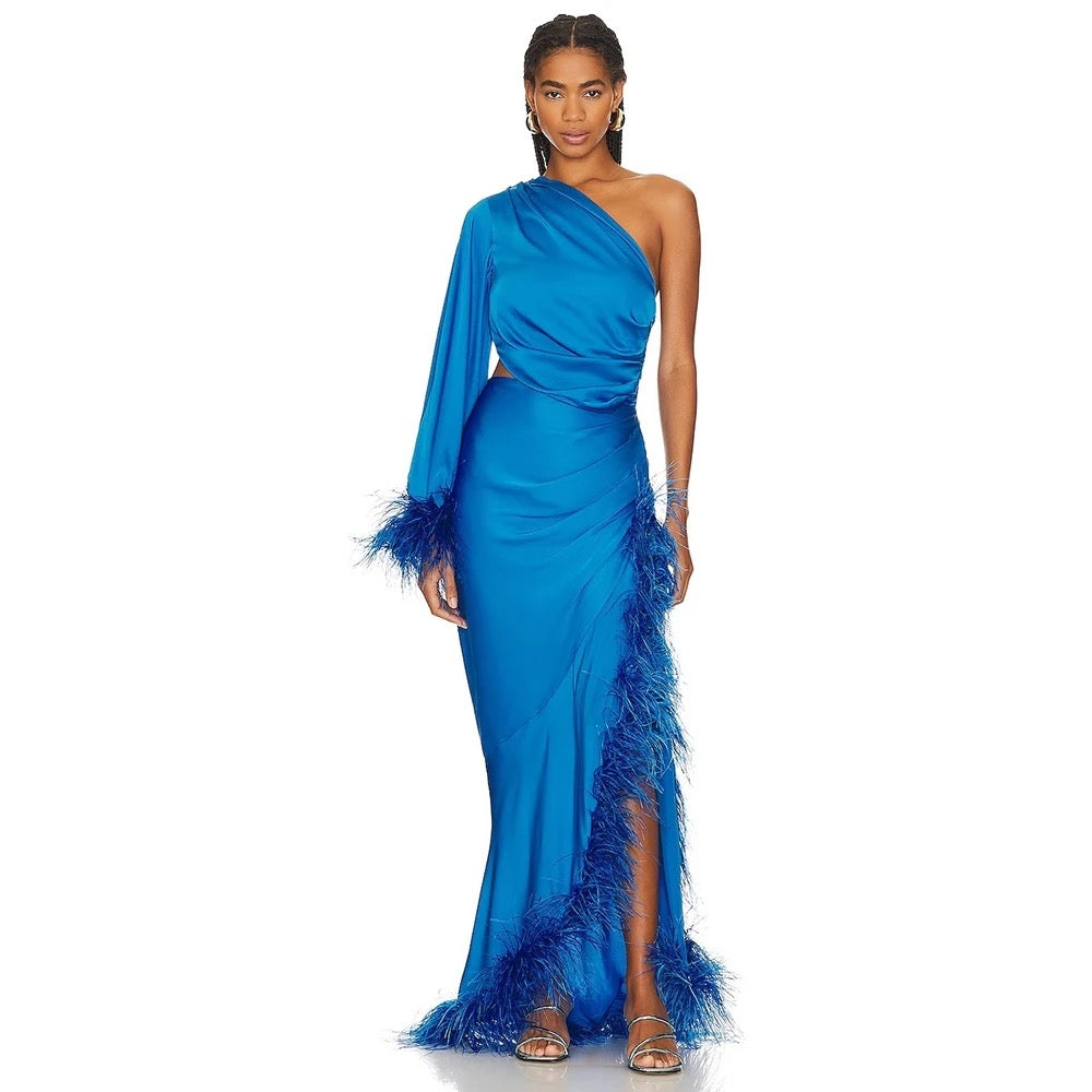 Feather Edge Sexy One Shoulder Hollow Pleated Long Dress REBECATHELABEL