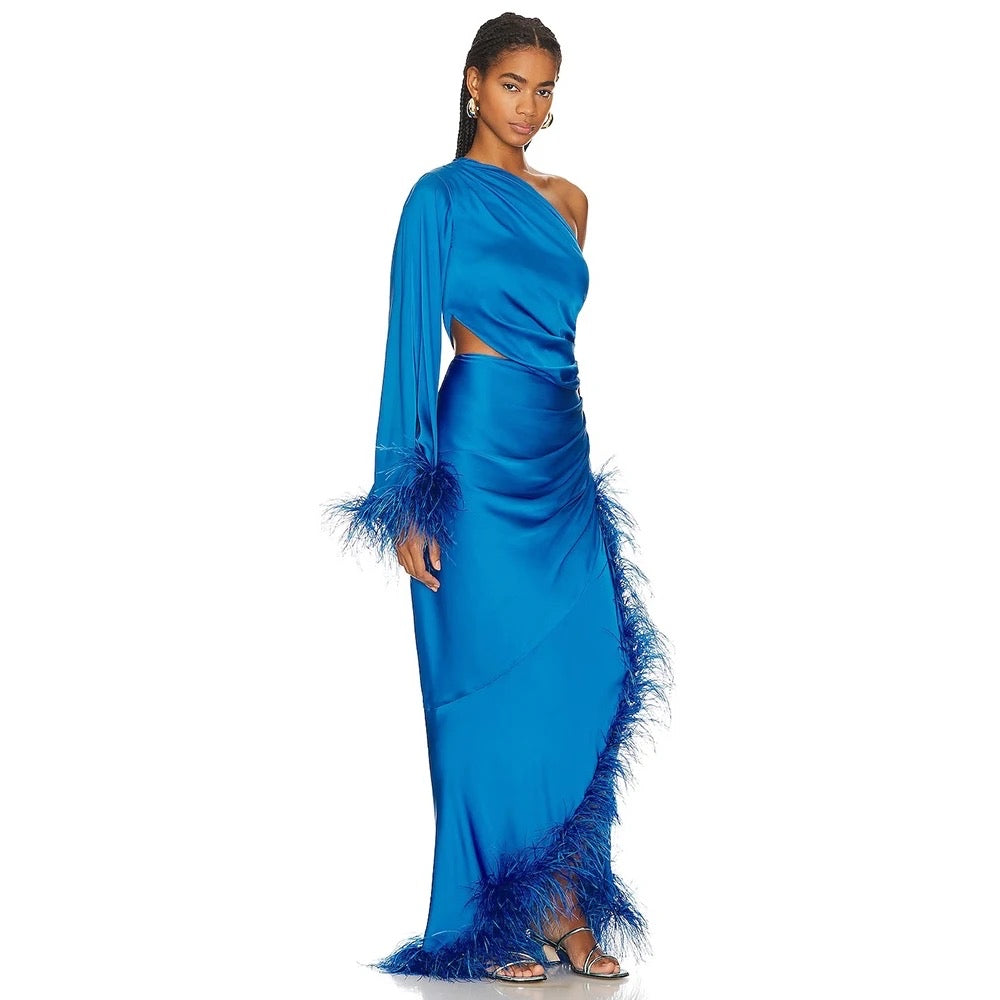 Feather Edge Sexy One Shoulder Hollow Pleated Long Dress REBECATHELABEL