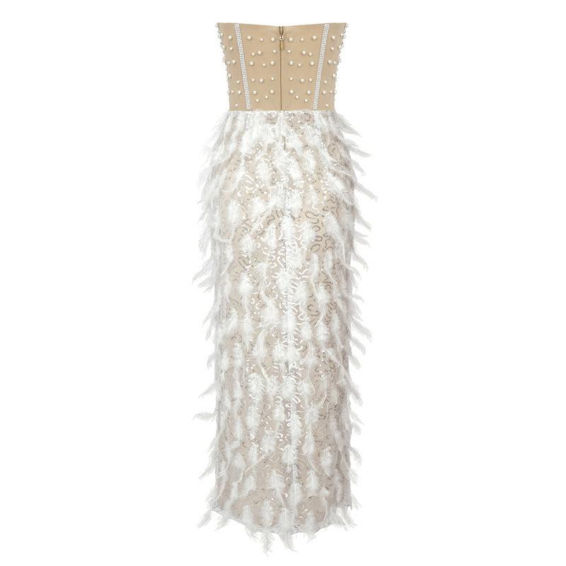 Feather Pearl Beading Ankle Length Dress REBECATHELABEL