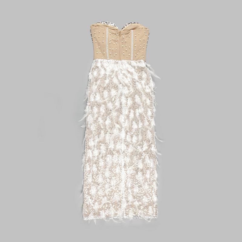 Feather Pearl Beading Ankle Length Dress REBECATHELABEL