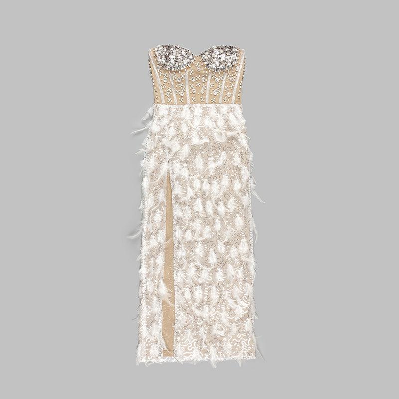 Feather Pearl Beading Ankle Length Dress REBECATHELABEL