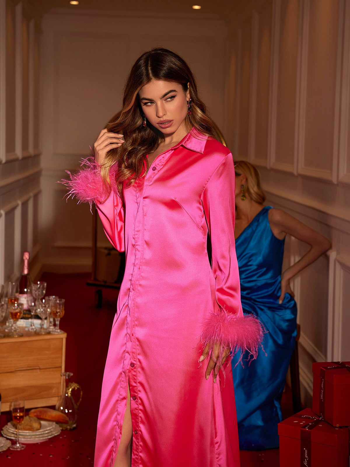 Feather Satin pink Shirt Dress REBECATHELABEL