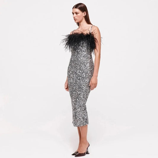 Feather Sequin Diamond Chain Strap Silver dress REBECATHELABEL