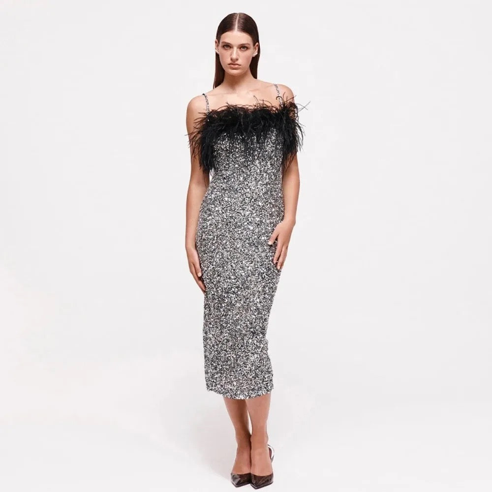 Feather Sequin Diamond Chain Strap Silver dress REBECATHELABEL