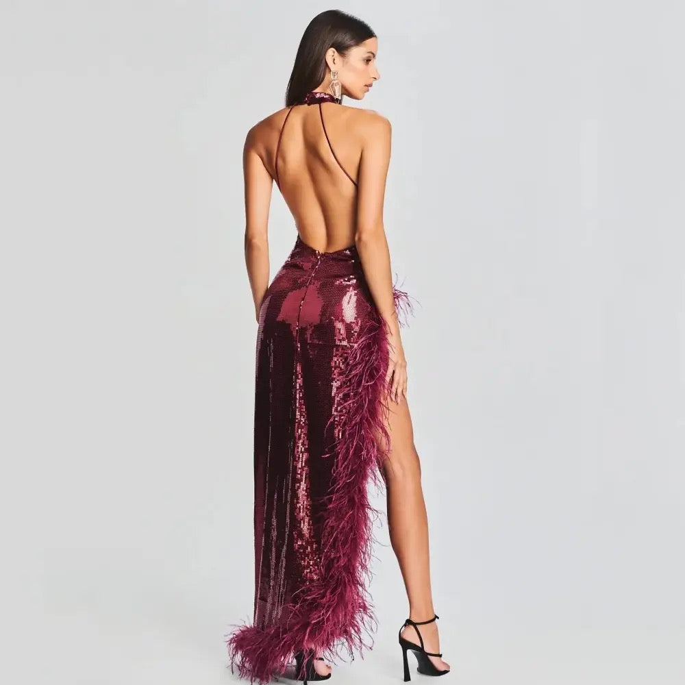 Feather Sequins Wine Red Sleeveless Backless High Split Maix Dress REBECATHELABEL