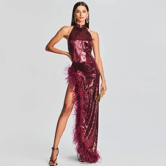 Feather Sequins Wine Red Sleeveless Backless High Split Maix Dress REBECATHELABEL