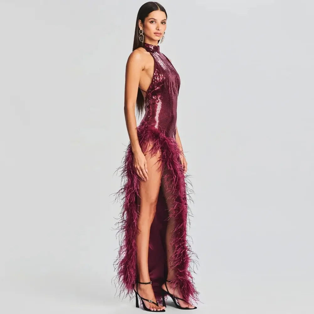 Feather Sequins Wine Red Sleeveless Backless High Split Maix Dress REBECATHELABEL