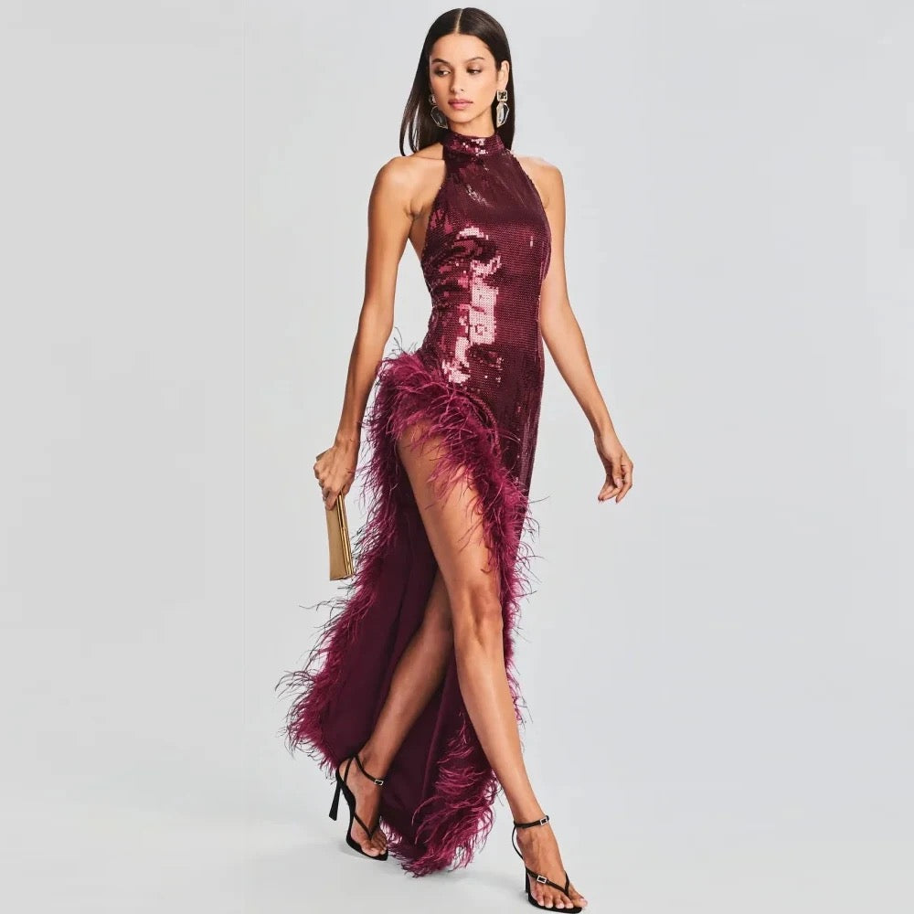 Feather Sequins Wine Red Sleeveless Backless High Split Maix Dress REBECATHELABEL