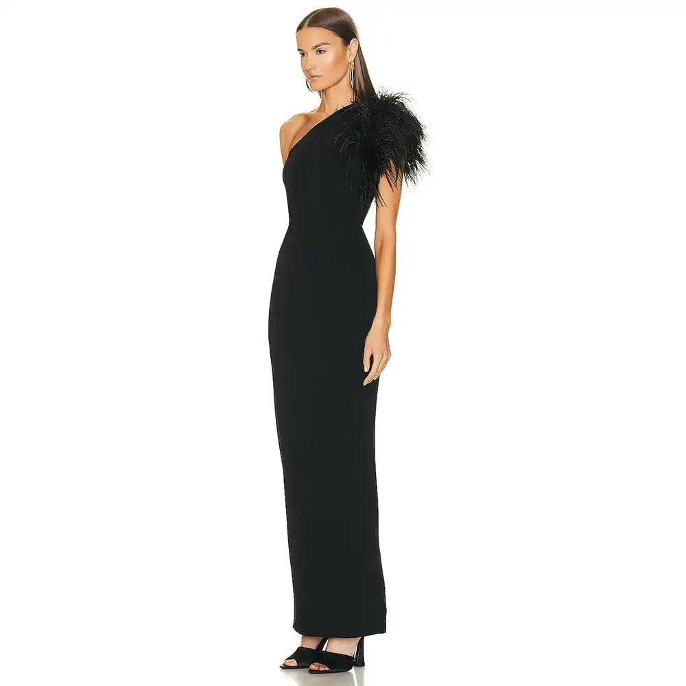 Feather Sexy One Shoulder Sleeveless Tight Maxi Long Bandage Dress REBECATHELABEL