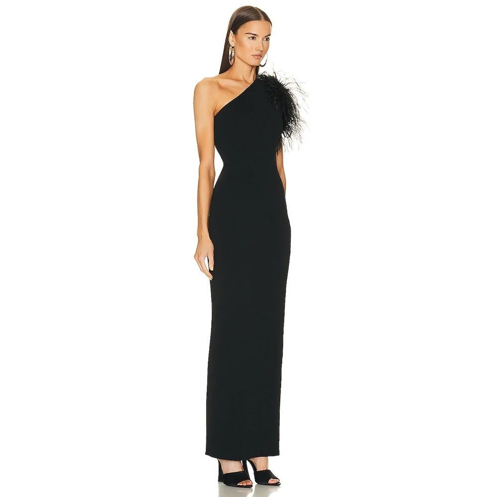 Feather Sexy One Shoulder Sleeveless Tight Maxi Long Bandage Dress REBECATHELABEL