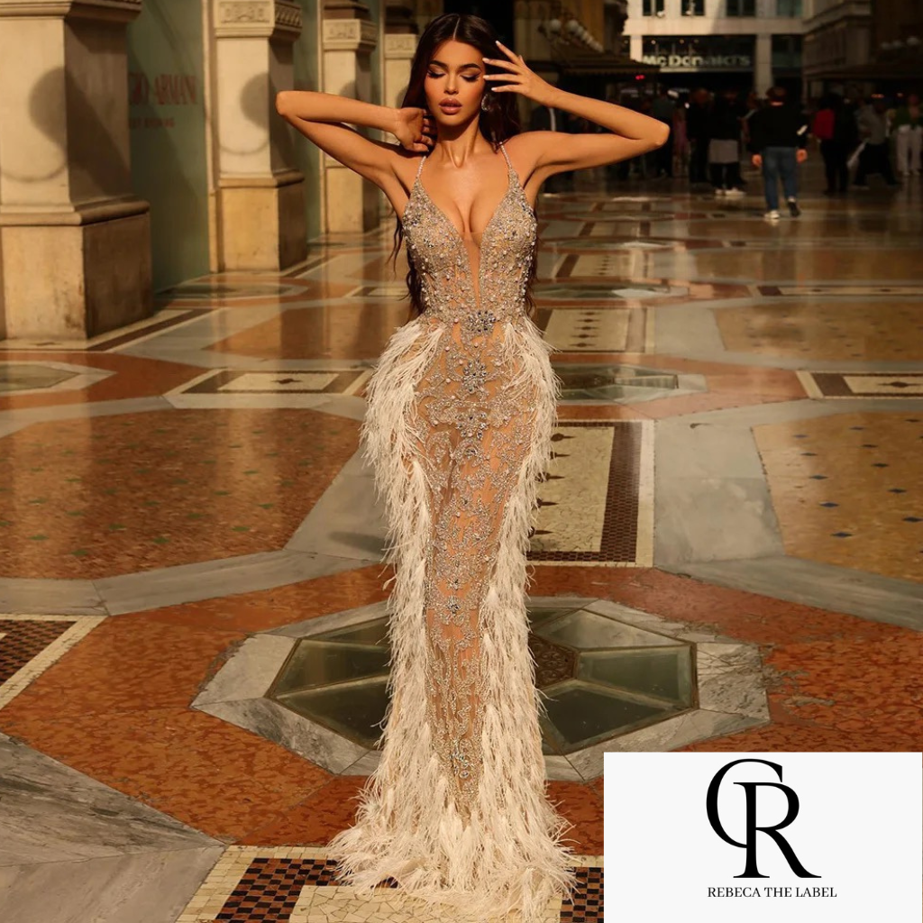 Feathers Mermaid Champagne Evening Dresses REBECATHELABEL