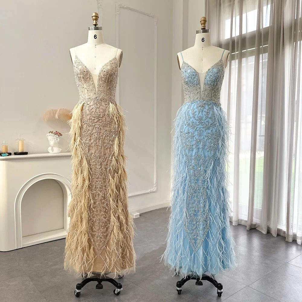 Feathers Mermaid Champagne Evening Dresses REBECATHELABEL