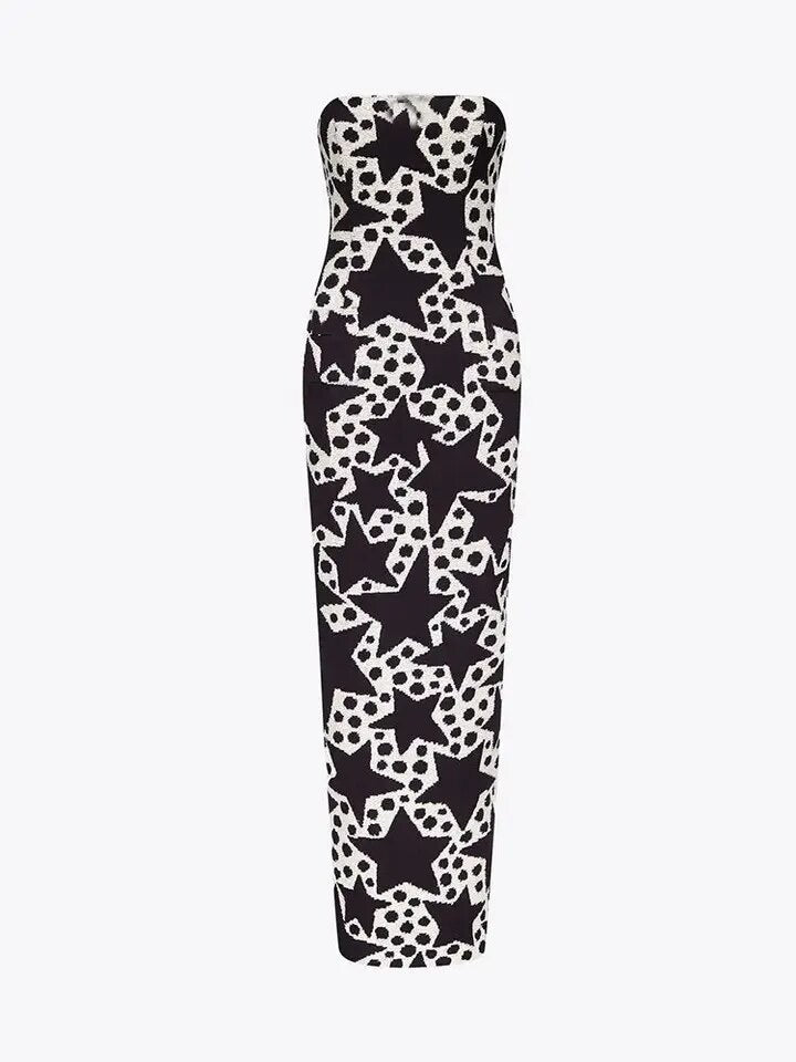 Five pointed Star Print Sexy Strapless Tight Long Dress REBECATHELABEL