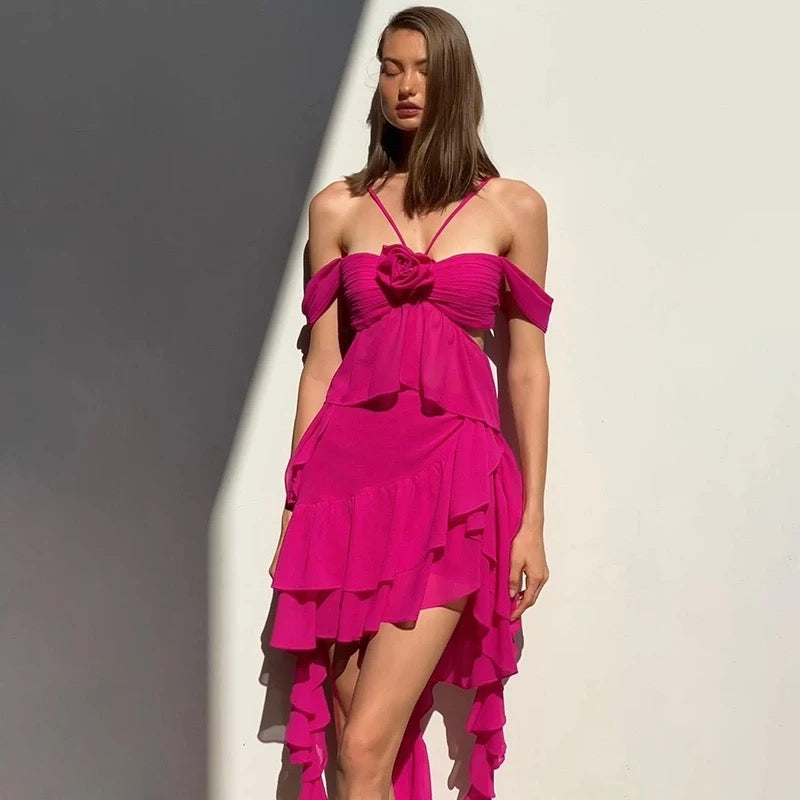 Flower Cutout Draped Dress In Hot Pink REBECATHELABEL