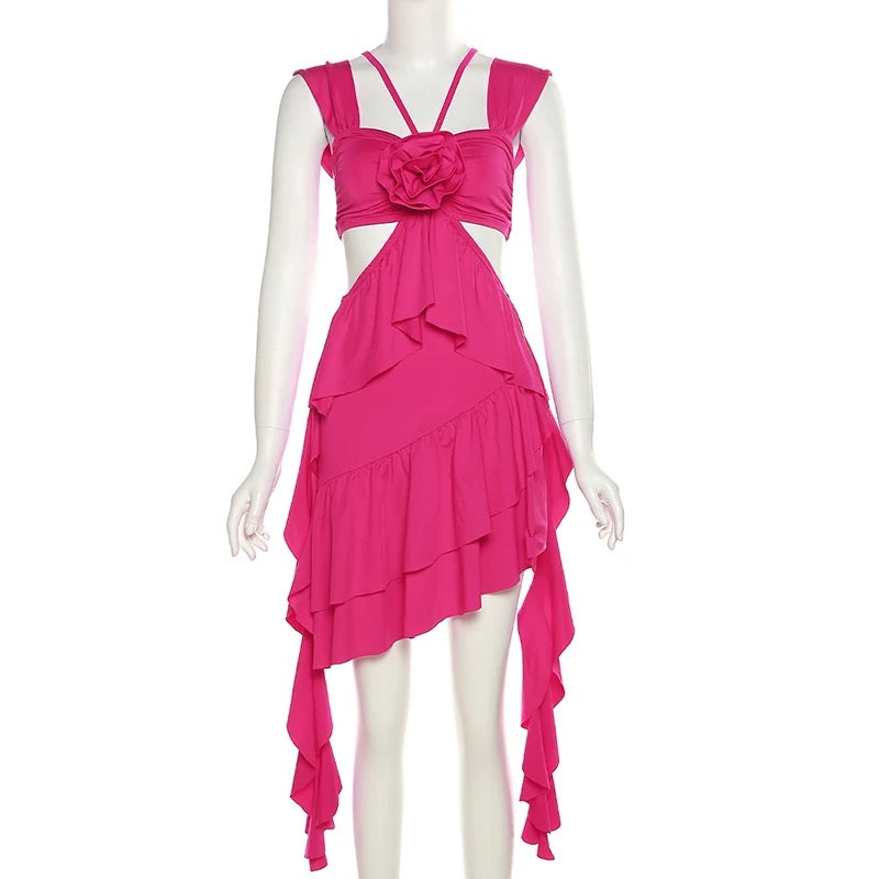 Flower Cutout Draped Dress In Hot Pink REBECATHELABEL