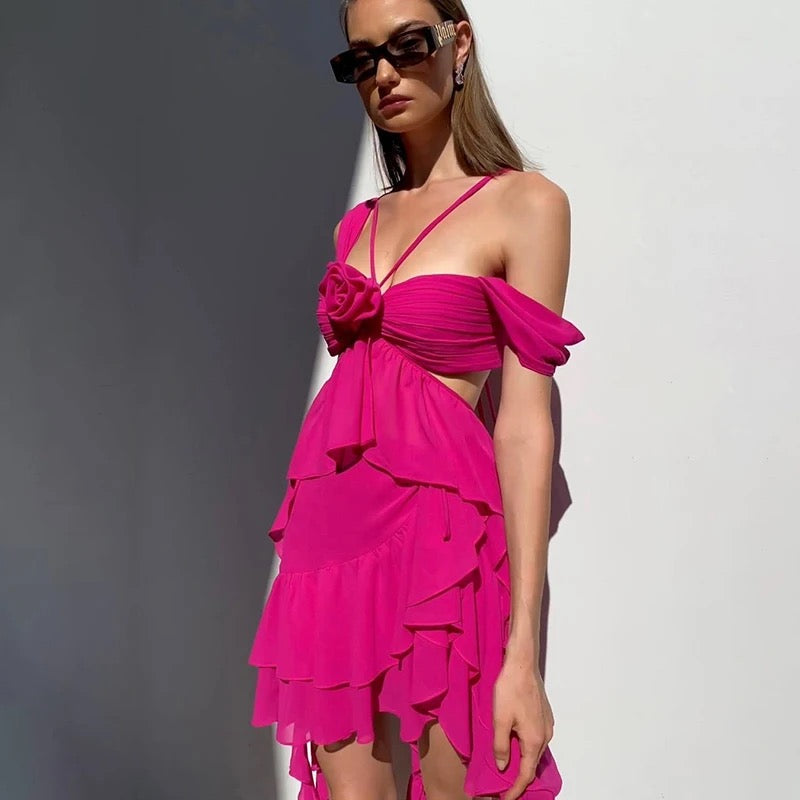 Flower Cutout Draped Dress In Hot Pink REBECATHELABEL