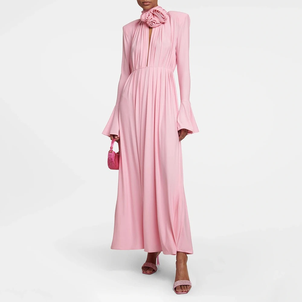 Flower Long Sleeve Sexy Pleated High Split Long Dress REBECATHELABEL