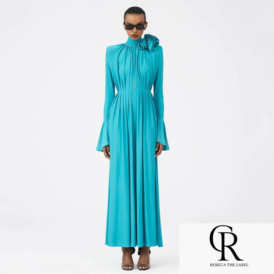 Flower Long Sleeve Sexy Pleated High Split Long Dress REBECATHELABEL