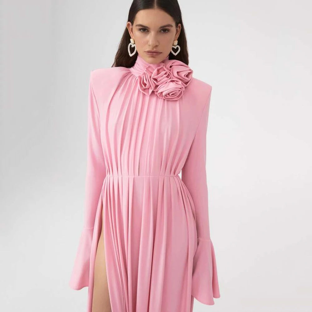 Flower Long Sleeve Sexy Pleated High Split Long Dress REBECATHELABEL