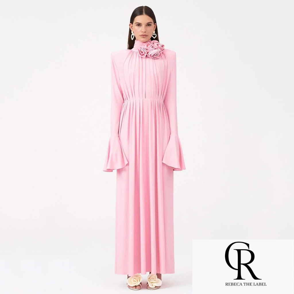 Flower Long Sleeve Sexy Pleated High Split Long Dress REBECATHELABEL