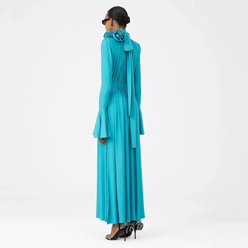 Flower Long Sleeve Sexy Pleated High Split Long Dress REBECATHELABEL